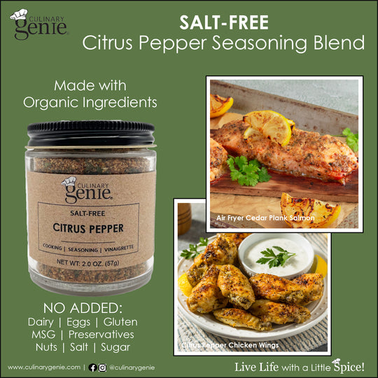 Culinary Genie Salt-Free Citrus Pepper Seasoning Blend with recipe images.