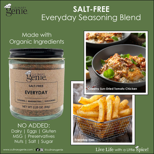 Culinary Genie Salt-Free Everyday Seasoning Blend with recipe images.