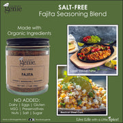 Culinary Genie Salt-Free Fajita Seasoning Blend with recipe images.