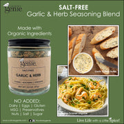 Culinary Genie Salt-Free Garlic and Herb Seasoning Blend with recipe images.