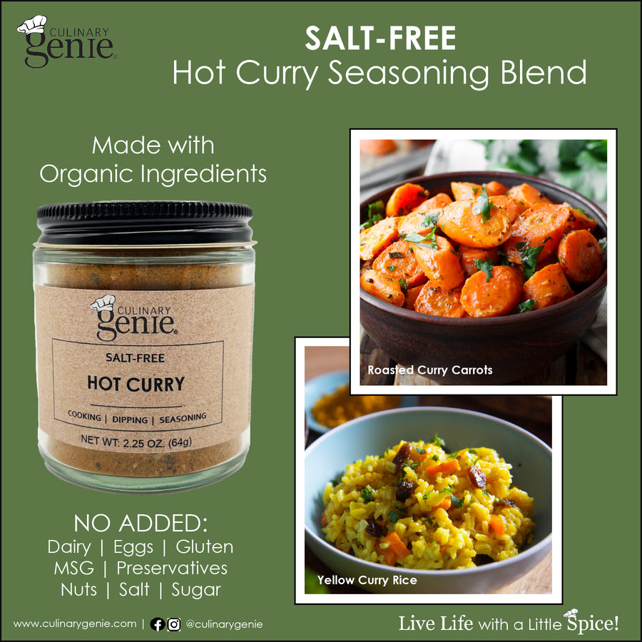 Culinary Genie Salt-Free Hot Curry Seasoning Blend with recipe images.