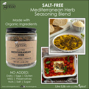Culinary Genie Salt-Free Mediterranean Herb Seasoning Blend with recipe images.