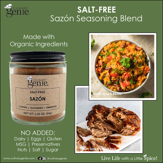 Culinary Genie Salt-Free Sazón Seasoning Blend with recipe images.