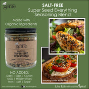 Culinary Genie Salt-Free Super Seed Everything Seasoning Blend with recipe images.