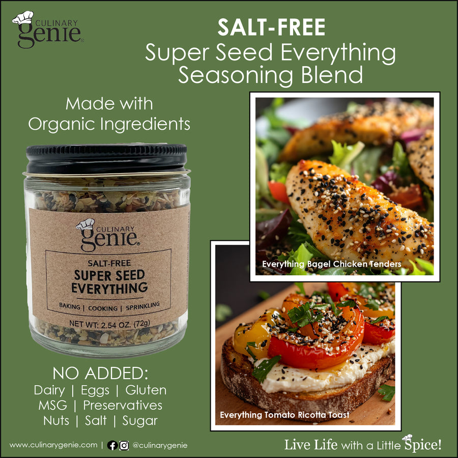 Culinary Genie Salt-Free Super Seed Everything Seasoning Blend with recipe images.