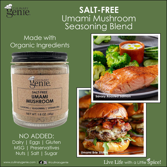 Culinary Genie Salt-Free Umami Mushroom Seasoning Blend with recipe images.