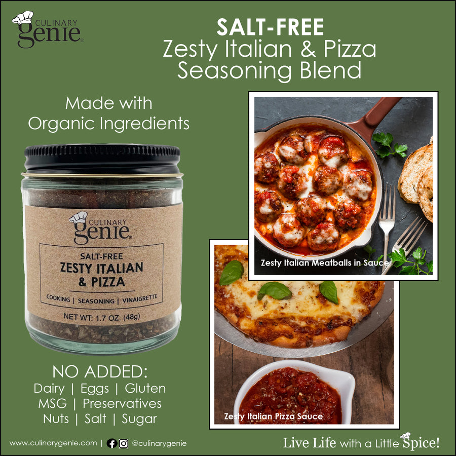 Culinary Genie Salt-Free Zesty Italian and Pizza Seasoning Blend with recipe images.