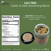 Culinary Genie Salt-Free Garlic and Herb Seasoning Blend nutrition facts and ingredient list.