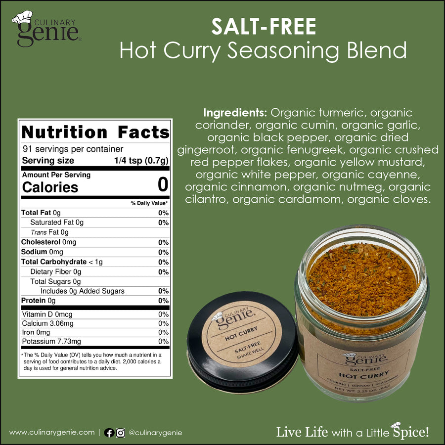 Culinary Genie Salt-Free Hot Curry Seasoning Blend nutrition facts and ingredient list.