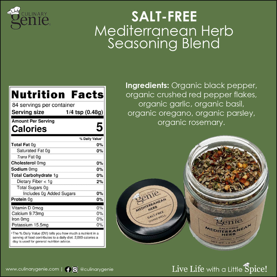 Culinary Genie Salt-Free Mediterranean  Herb Seasoning Blend nutrition facts and ingredient list.