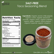 Culinary Genie Salt-Free Taco Seasoning Blend nutrition facts and ingredient list.