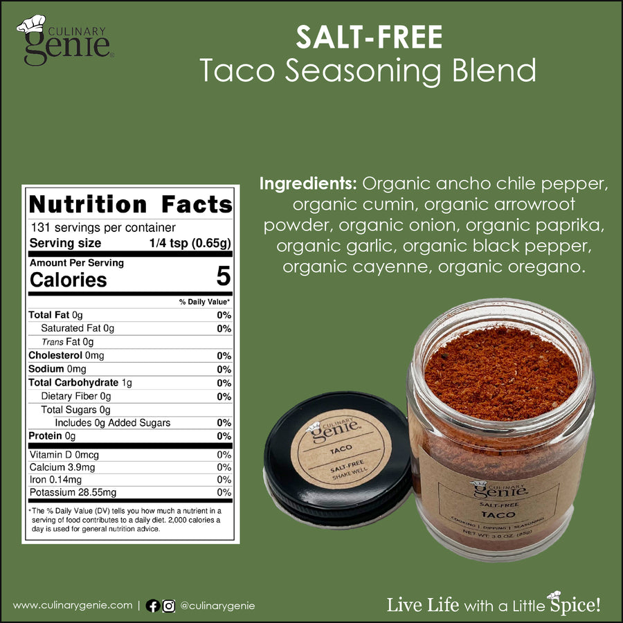 Culinary Genie Salt-Free Taco Seasoning Blend nutrition facts and ingredient list.