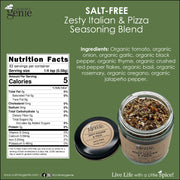 Culinary Genie Salt-Free Zesty Italian and Pizza Seasoning Blend nutrition facts and ingredient list.