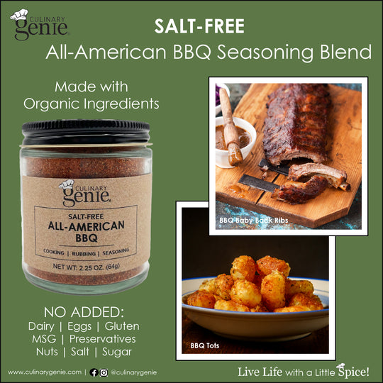 Culinary Genie Salt-Free All-American BBQ Seasoning Blend with recipe images.
