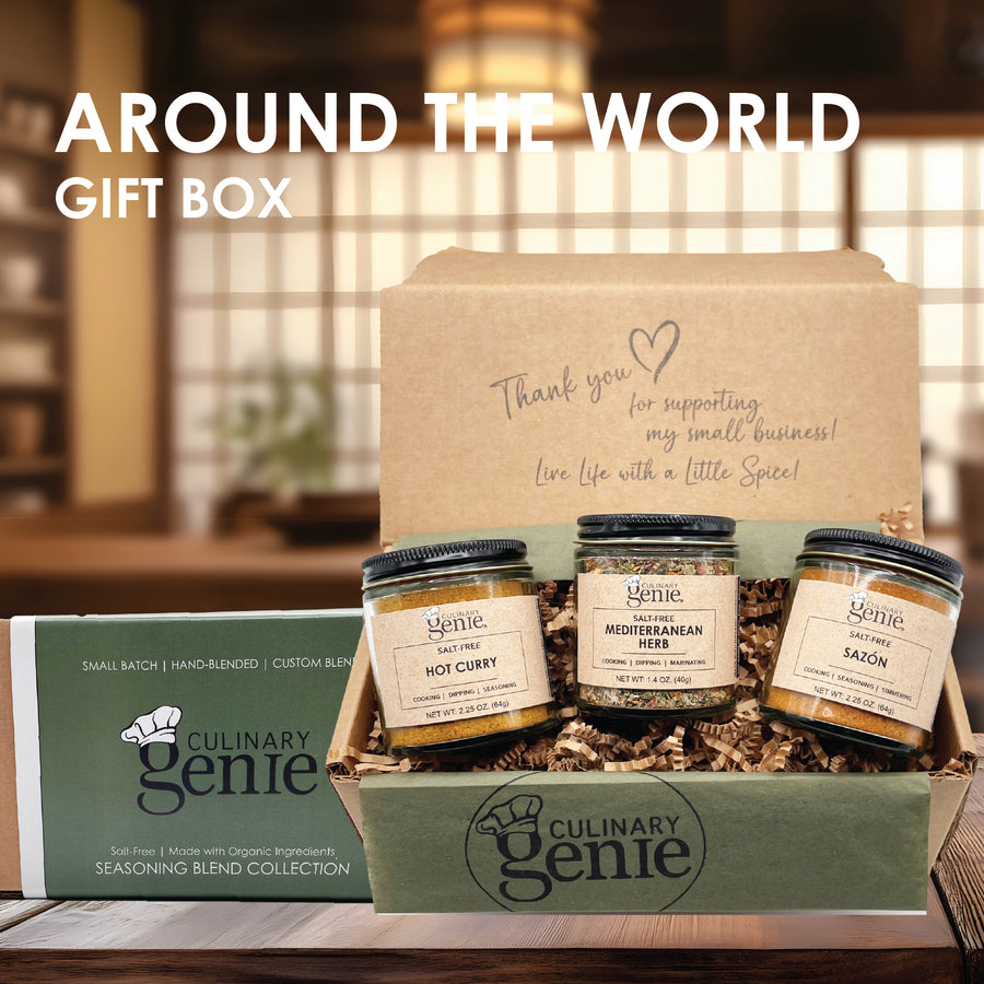 Culinary Genie Around the World Gift Box including Salt-Free Hot Curry Seasoning Blend, Salt-Free Mediterranean Seasoning Blend and Salt-Free Sazón Seasoning Blend.