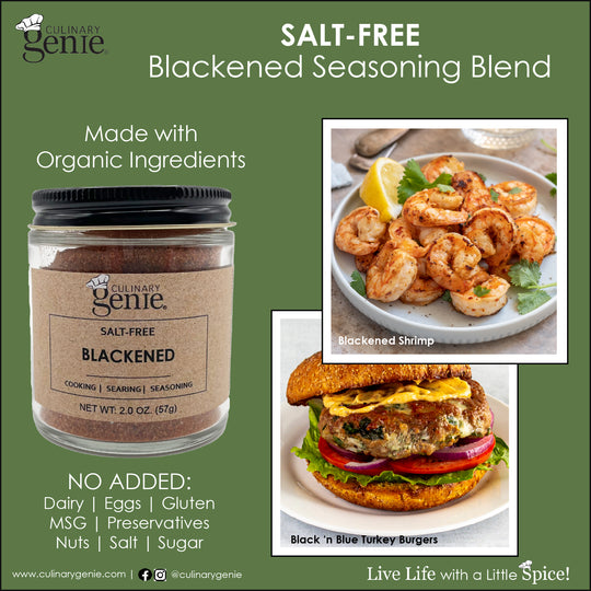Culinary Genie Salt-Free Blackened Seasoning Blend with recipe images.
