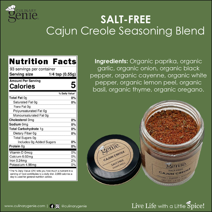 Culinary Genie Salt-Free Cajun Creole Seasoning Blend nutrition facts and ingredient list.