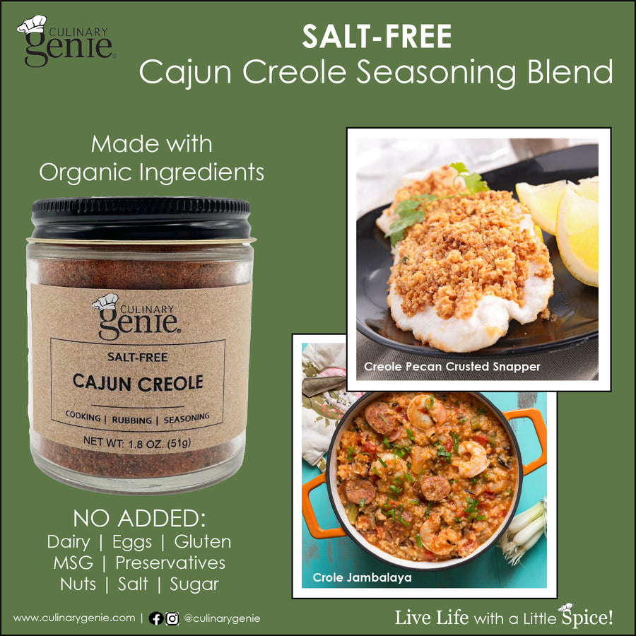 Culinary Genie Salt-Free Cajun Creole Seasoning Blend with recipe images.