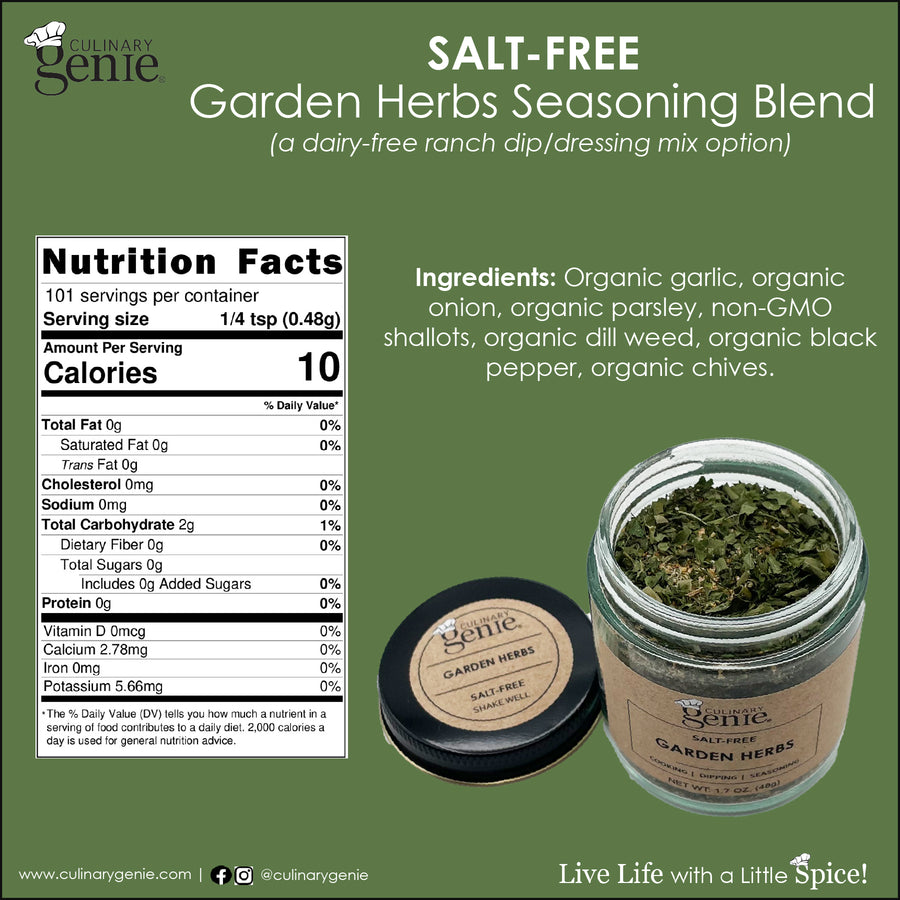 Culinary Genie Salt-Free Garden Herbs Seasoning Blend nutrition facts and ingredient list.
