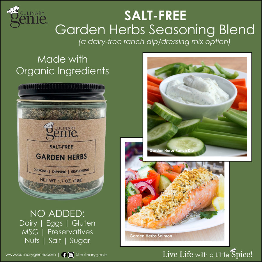 Culinary Genie Salt-Free Garden Herbs Seasoning Blend with recipe images.