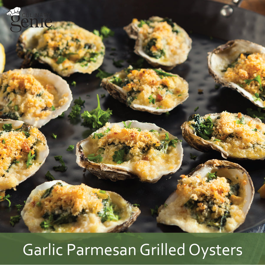 Culinary Genie Garlic Parmesan Grilled Oysters recipe featuring Culinary Genie Salt-Free Garlic and Herb Seasoning Blend.