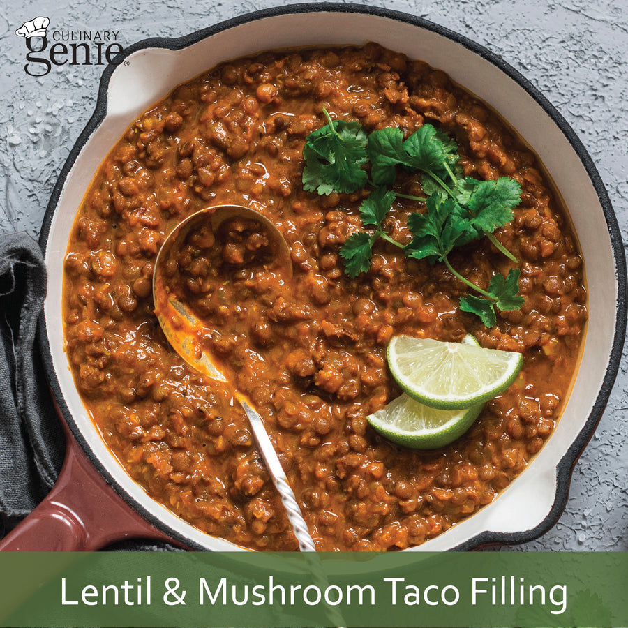 Culinary Genie Lentil and Mushroom Taco Filling recipe featuring Culinary Genie Salt-Free Taco Seasoning Blend.