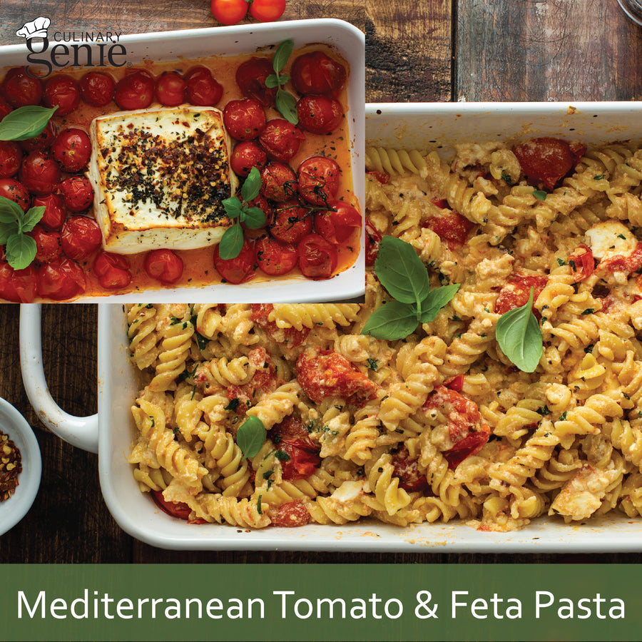 Culinary Genie Mediterranean Tomato and Feta Pasta recipe featuring Culinary Genie Salt-Free Mediterranean Herb Seasoning Blend.