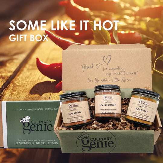 Culinary Genie Some Like it Hot Gift Box including Salt-Free Blackened Seasoning Blend, Salt-Free Cajun Creole Seasoning Blend and Salt-Free Hot Curry Seasoning Blend.