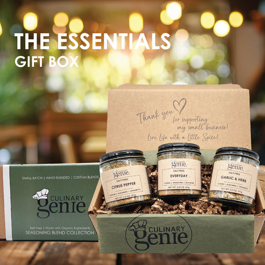 Culinary Genie The Essentials Gift Box including Salt-Free Citrus Pepper Seasoning Blend, Salt-Free Everyday Seasoning Blend and Salt-Free Garlic & Herb Seasoning Blend.
