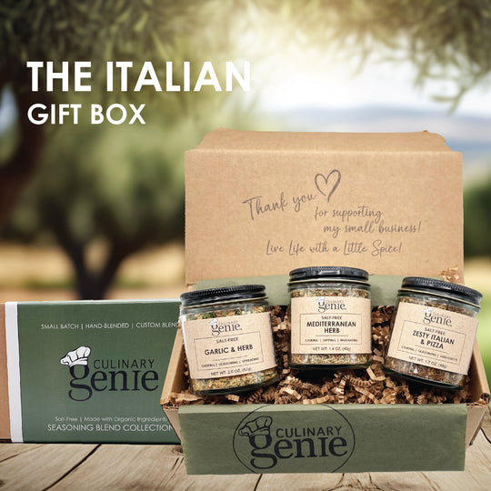 Culinary Genie The Italian Gift Box including Salt-Free Garlic & Herb Seasoning Blend, Salt-Free Mediterranean Herb Seasoning Blend and Salt-Free Zesty Italian and Pizza Seasoning Blend.
