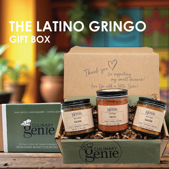 Culinary Genie The Latino Gringo Gift Box including Salt-Free Fajita Seasoning Blend, Salt-Free Sazón Seasoning Blend and Salt-Free Taco Seasoning Blend.