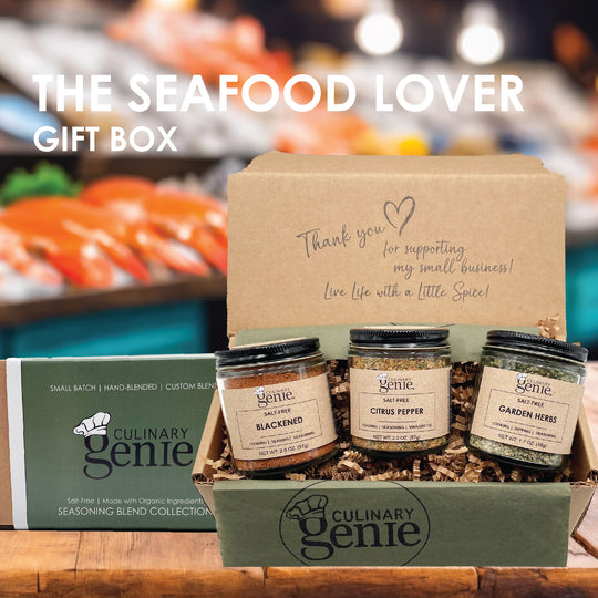 Culinary Genie The Seafood Lover Gift Box including Salt-Free Blackened Seasoning Blend, Salt-Free Citrus Pepper Seasoning Blend and Salt-Free Garden Herbs Seasoning Blend.
