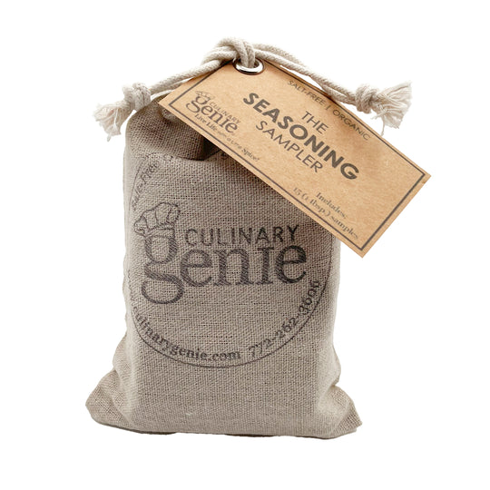 Culinary Genie seasoning sampler bag with a tag on a white background