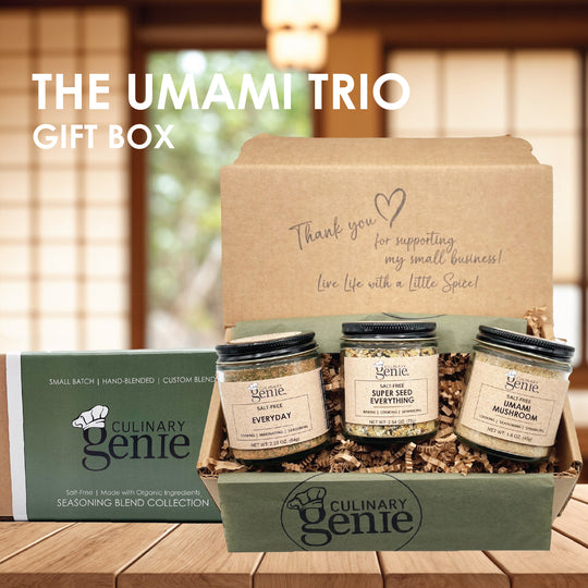 Culinary Genie The Umami Trio Gift Box including Salt-Free Everyday Seasoning Blend, Salt-Free Super Seed Everything Seasoning Blend and Salt-Free Umami Mushroom Seasoning Blend.
