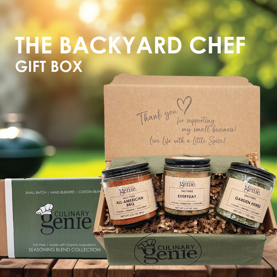 Culinary Genie The Backyard Chef Gift Box including Salt-Free All-American BBQ Seasoning Blend, Salt-Free Everyday Seasoning Blend and Salt-Free Garden Herbs Seasoning Blend.