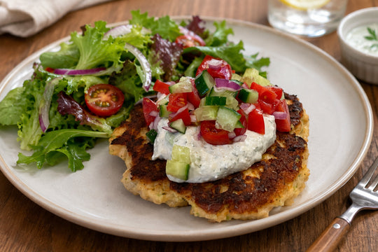 Salmon Burgers with Garlicky Feta Sauce