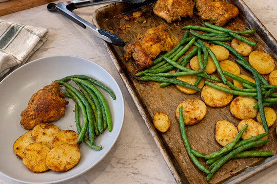 Sheet Pan Curry Chicken and Potatoes recipe using Culinary Genie Salt-Free Hot Curry, Garlic & Herb and Umami Mushroom Seasoning Blends.