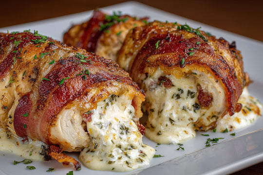 Bacon Wrapped Onion & Chive Stuffed Chicken