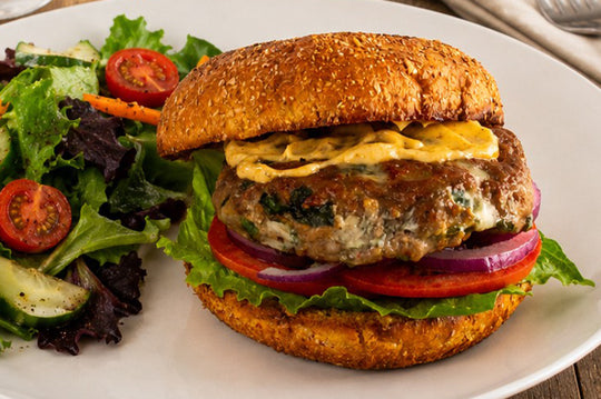 Black and blue turkey burger recipe using Culinary Genie Salt-Free Blackened Seasoning Blend