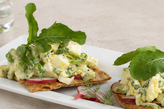 Egg Salad with Snap Peas and Radishes on Pita Crisps recipe using Culinary Genie Salt-Free Garden Herbs Seasoning Blend