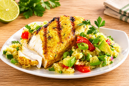 Culinary Genie Grilled Curry Halibut with Curry Rice Salad recipe image