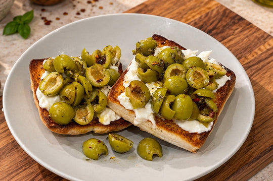Image of Mediterranean Olive & Burrata Toast recipe using Culinary Genie Salt-Free Mediterranean Herb Seasoning Blend