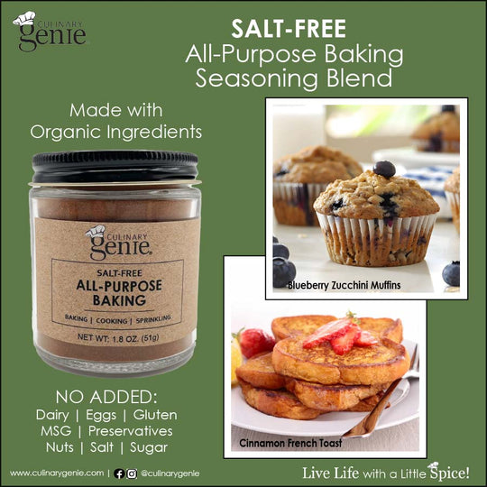 Culinary Genie salt-free all-purpose baking seasoning blend with product image and food examples on a green background