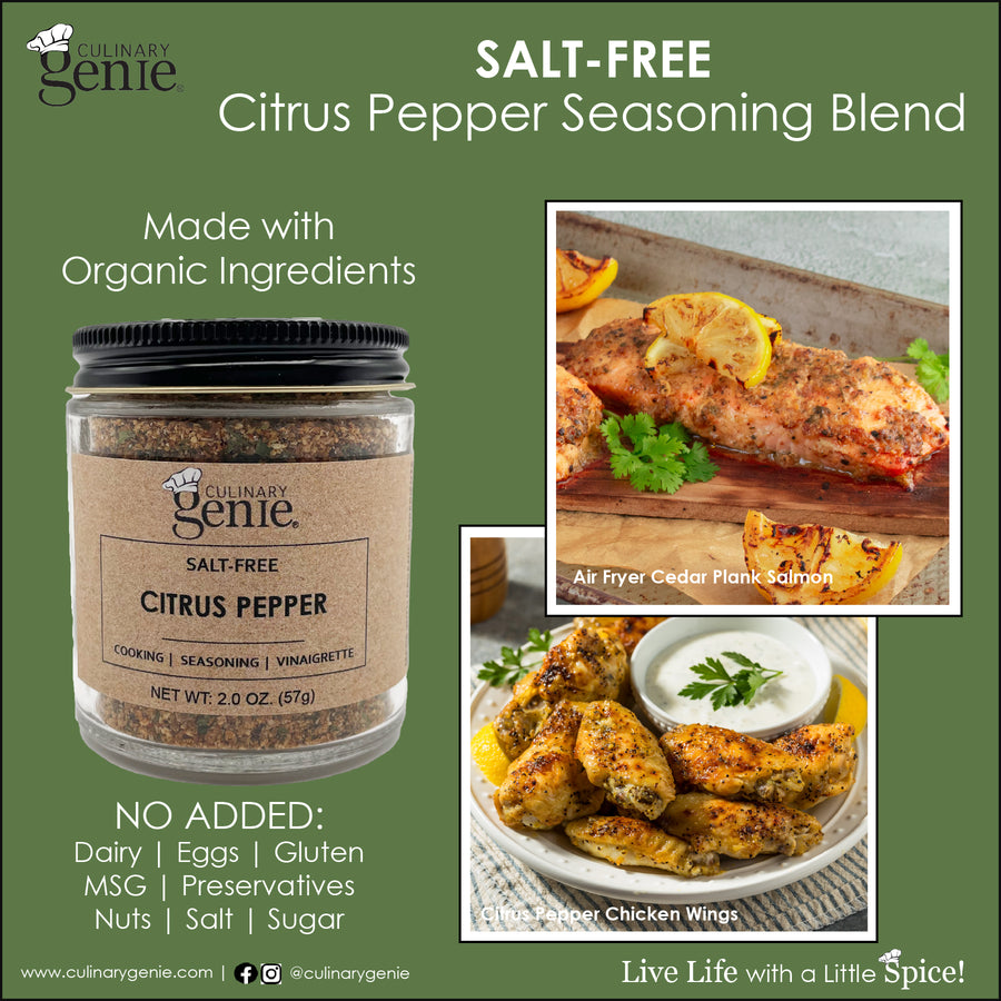 Culinary Genie Salt-Free Citrus Pepper Seasoning Blend with recipe images.
