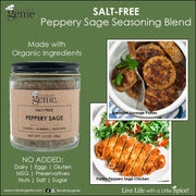 Culinary Genie Peppery Sage seasoning blend with food images and product details on a green background
