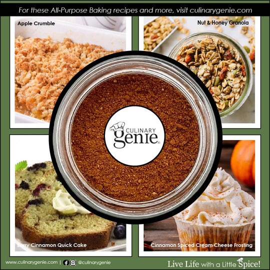Culinary Genie spice container with baking recipes and products displayed around it.
