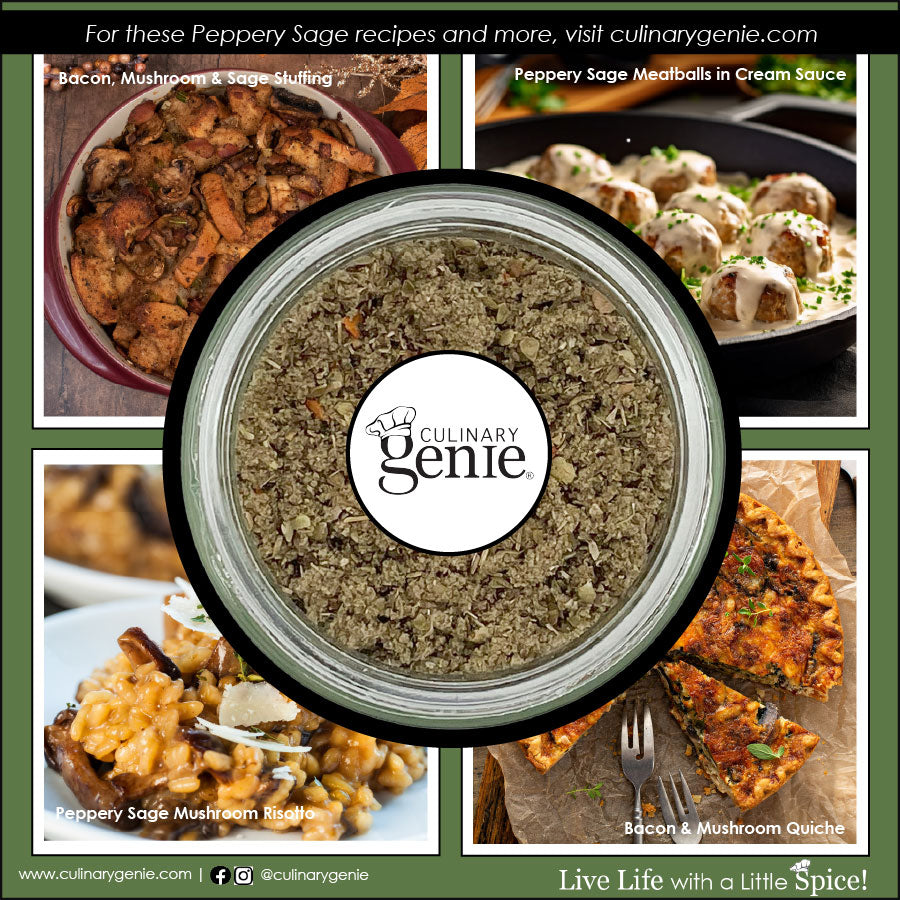 Culinary Genie Salt-Free Peppery Sage Seasoning Blend with recipe images in the background