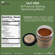 Culinary Genie salt-free all-purpose baking seasoning blend with nutrition facts and ingredients listed.