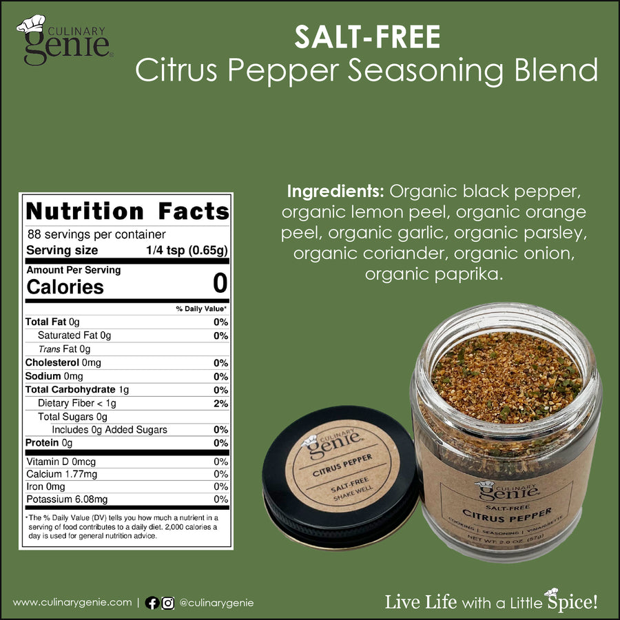 Culinary Genie Salt-Free Citrus Pepper Seasoning Blend nutrition facts and ingredient list.
