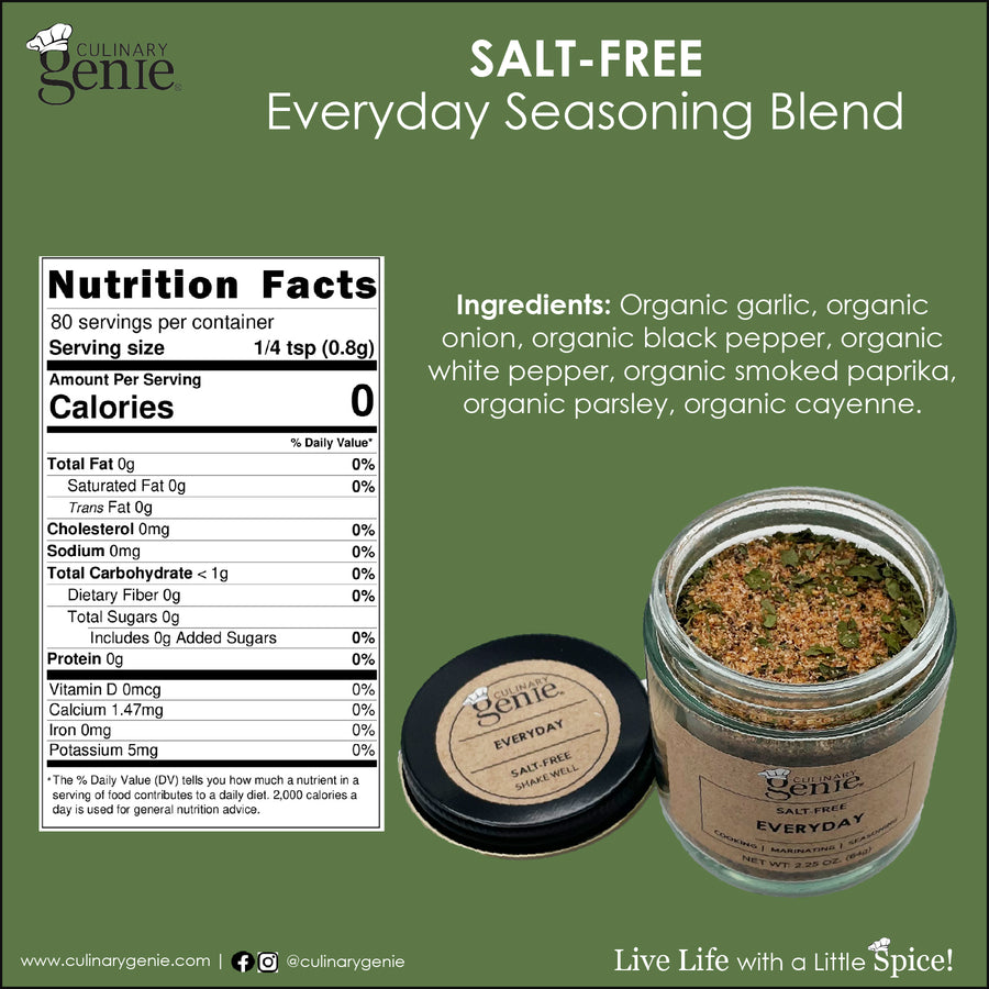 Culinary Genie Salt-Free Everyday Seasoning Blend nutrition facts and ingredient list.